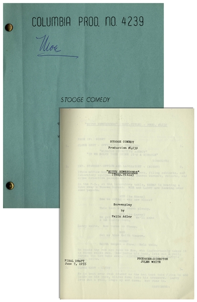 Moe Howards Personally Owned Columbia Pictures Script for The Three Stooges 1956 Film, For Crimin Out Loud -- Signed by Moe on Front Cover & Hand Edited by Him